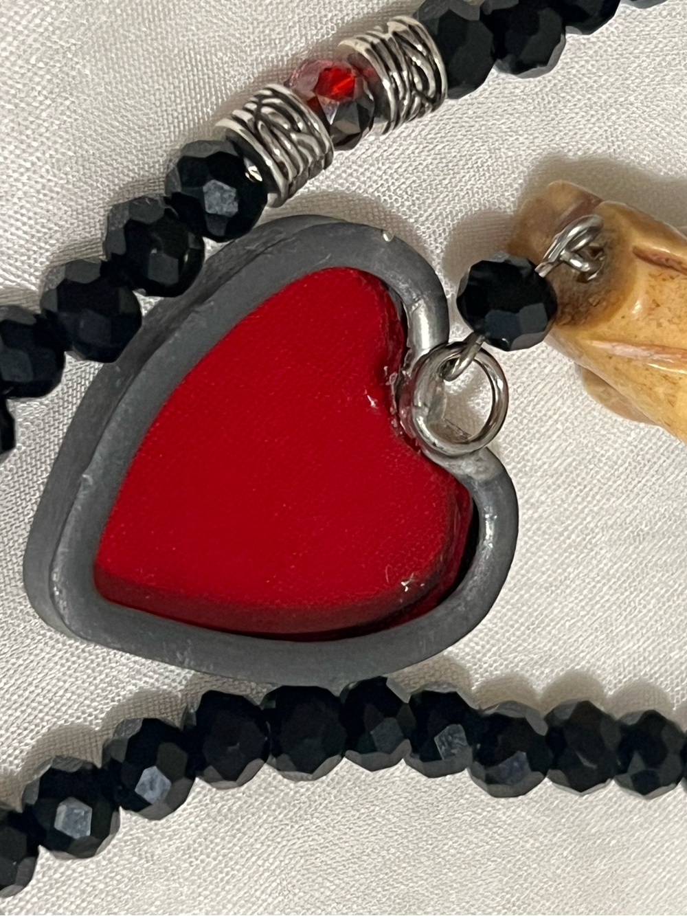 Handcrafted Black Crystal Bead Necklace with Red Steampunk Heart Pendant & Skull - Picture 7 of 12